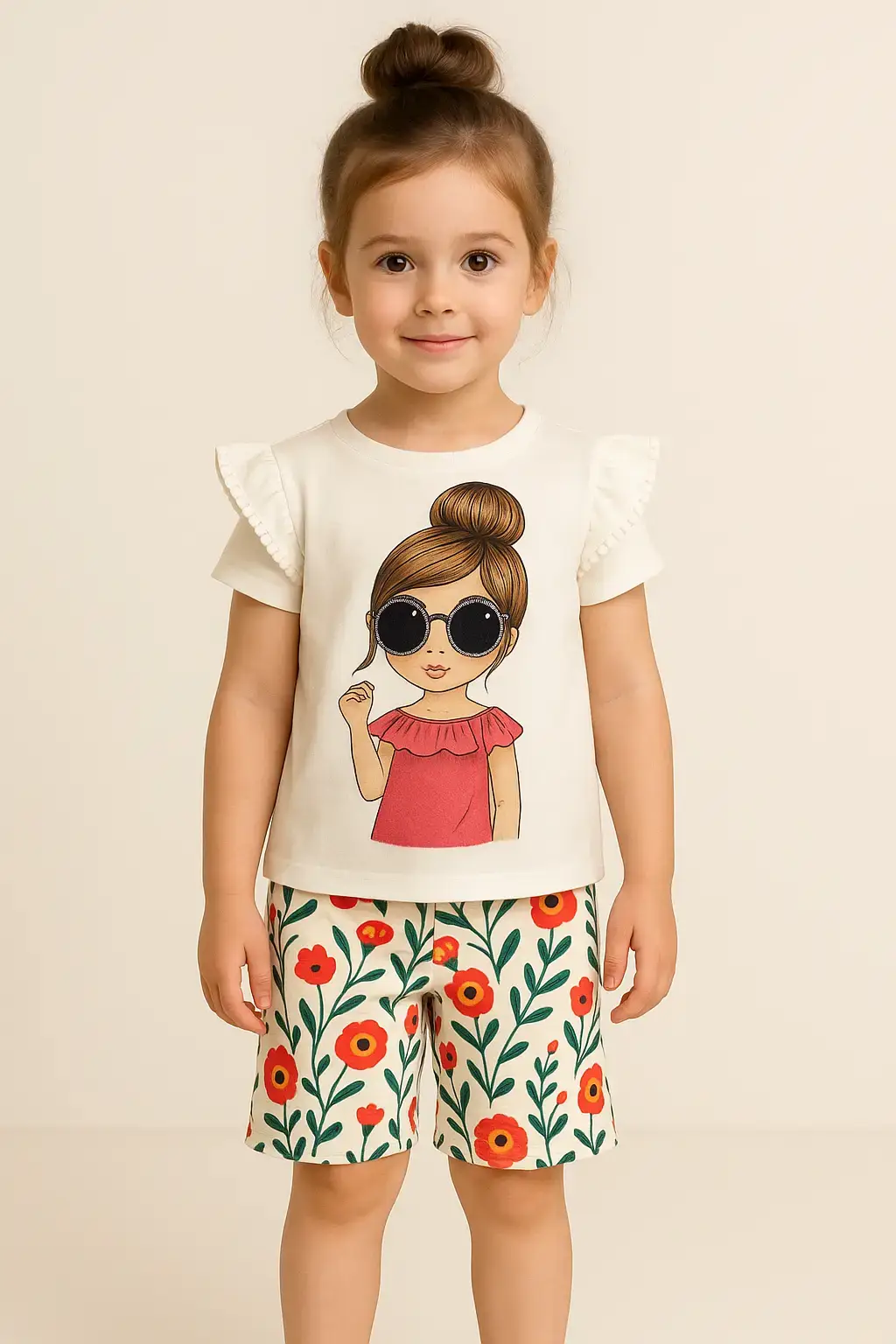 Floral Girl Sunglasses Kids Summer Set – Stylish T-Shirt & Shorts