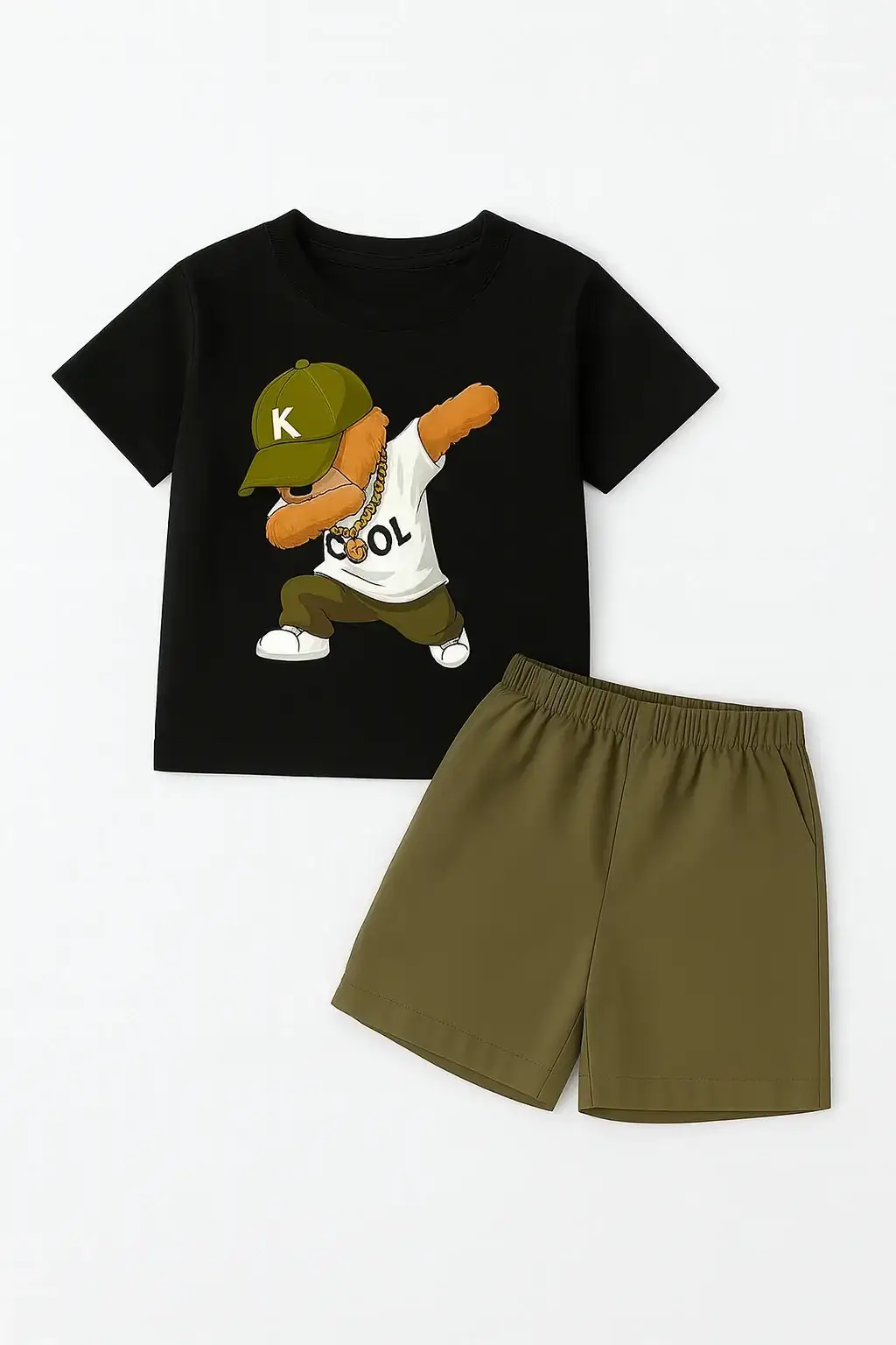 Cool Bear Kids Summer Set Black T-Shirt with Bear Print and Olive Green Shorts