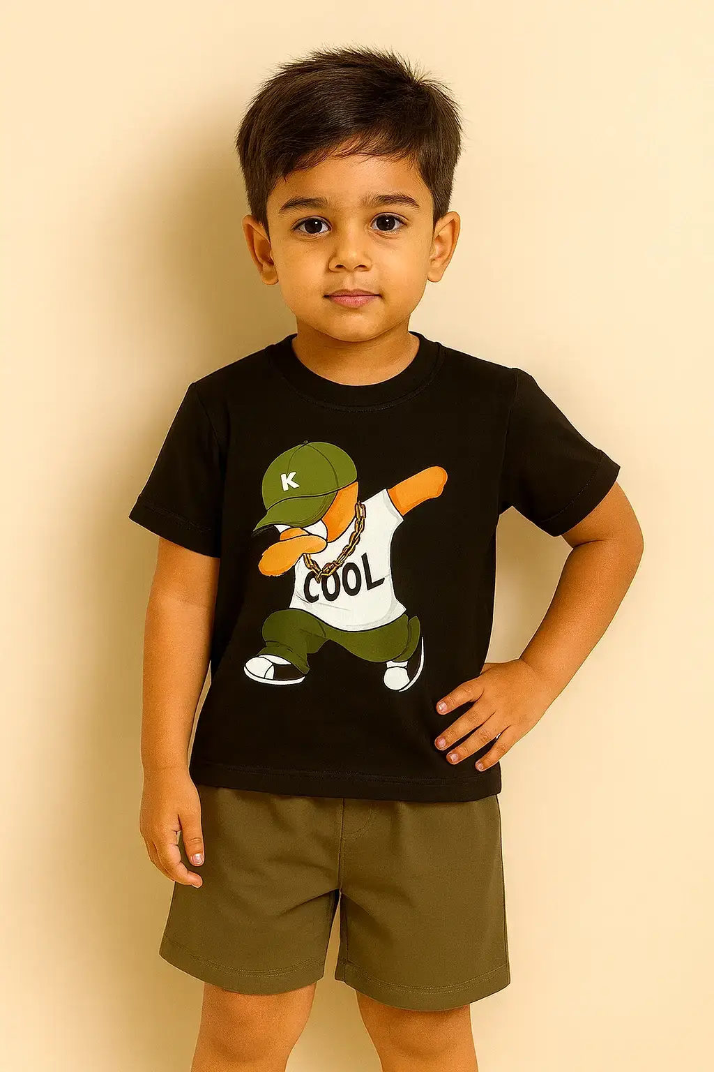 Cool Bear Kids Summer Set Black T-Shirt with Bear Print and Olive Green Shorts