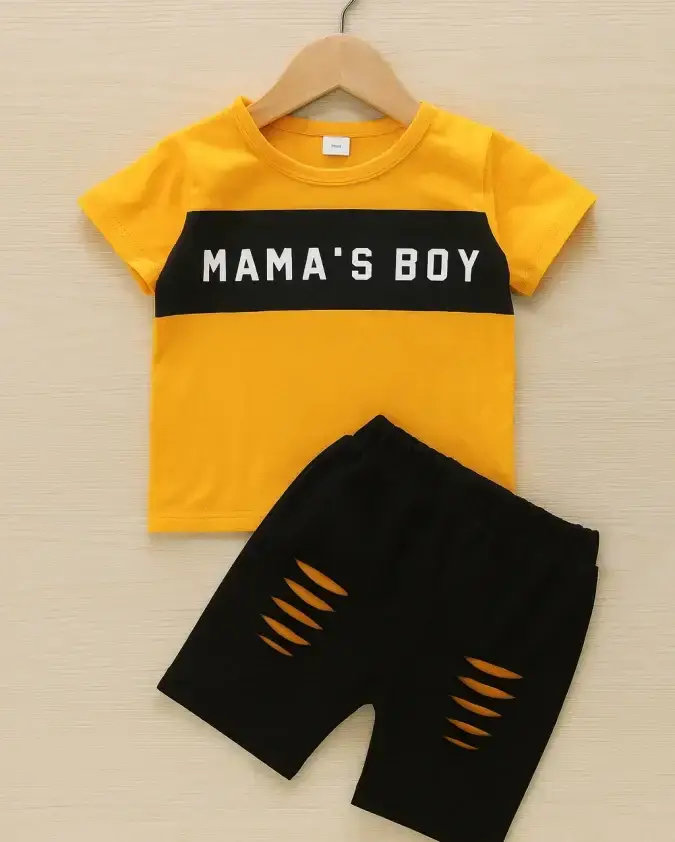Mama's Boy Kids Summer Set Yellow T-Shirt with Mama's Boy Print and Black Ripped Shorts