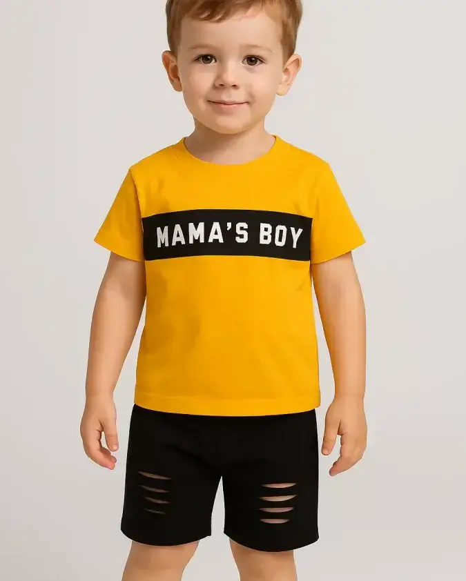 Mama's Boy Kids Summer Set Yellow T-Shirt with Mama's Boy Print and Black Ripped Shorts
