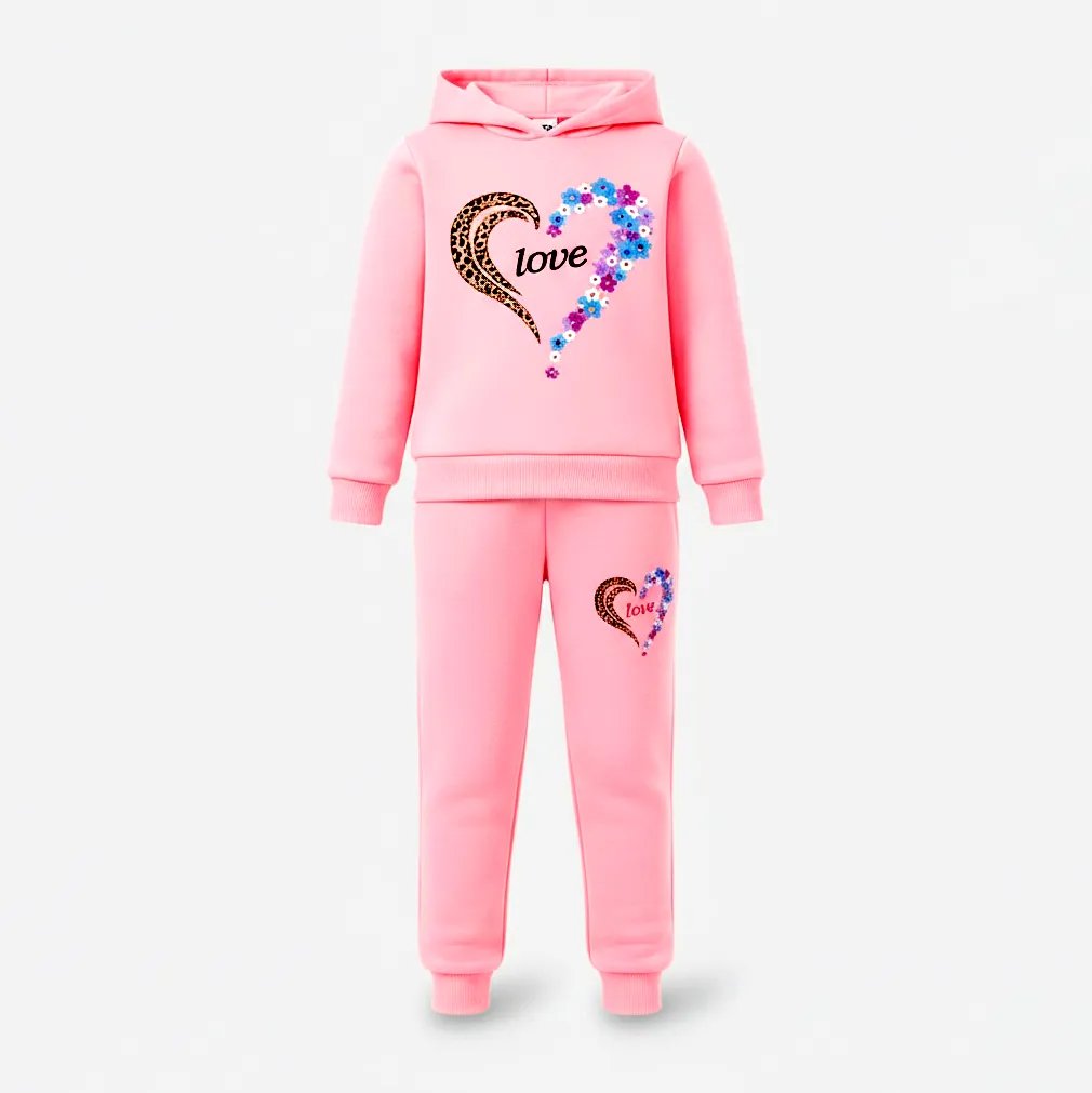 Love heart pink girls winter hoodie jogger set for kids