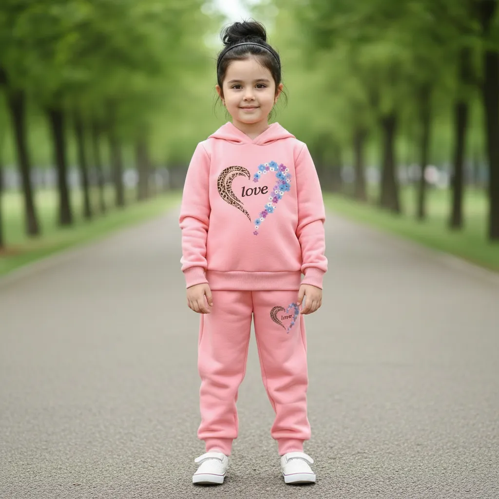 Love heart pink girls winter hoodie jogger set for kids