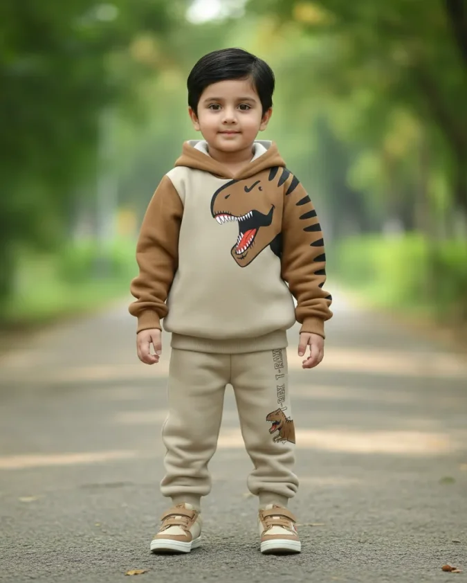 dinosaur print beige and brown kids winter hoodie set with matching pant
