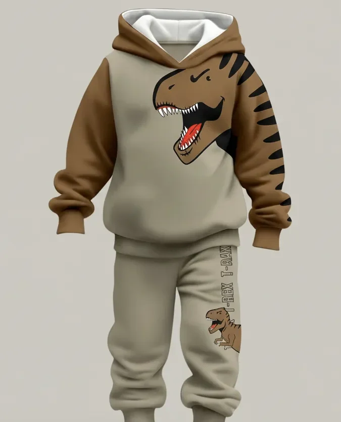 dinosaur print beige and brown kids winter hoodie set with matching pant