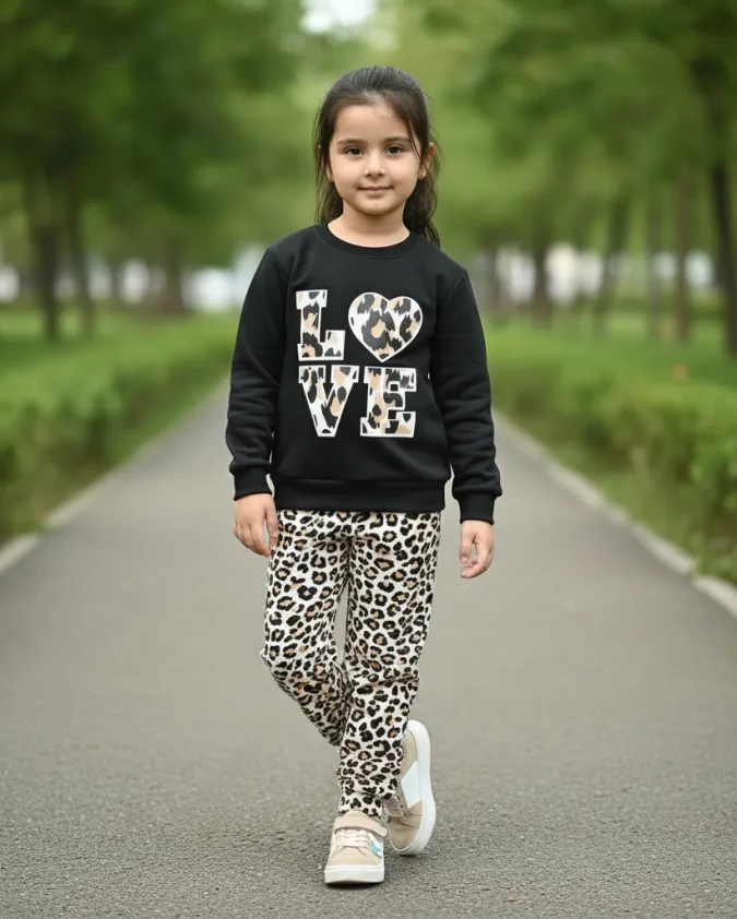 love leopard print black kids winter set with matching pant