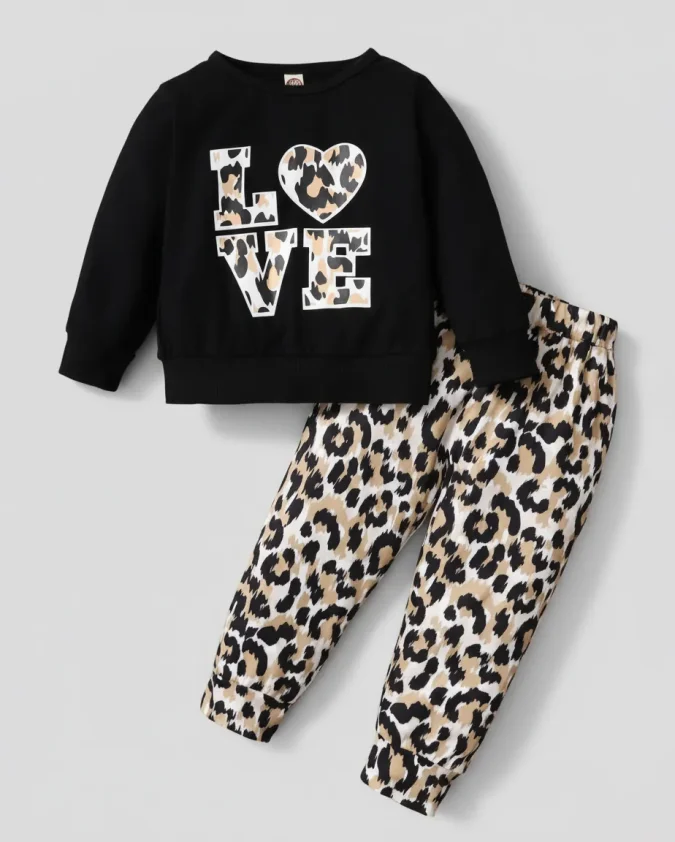 love leopard print black kids winter set with matching pant