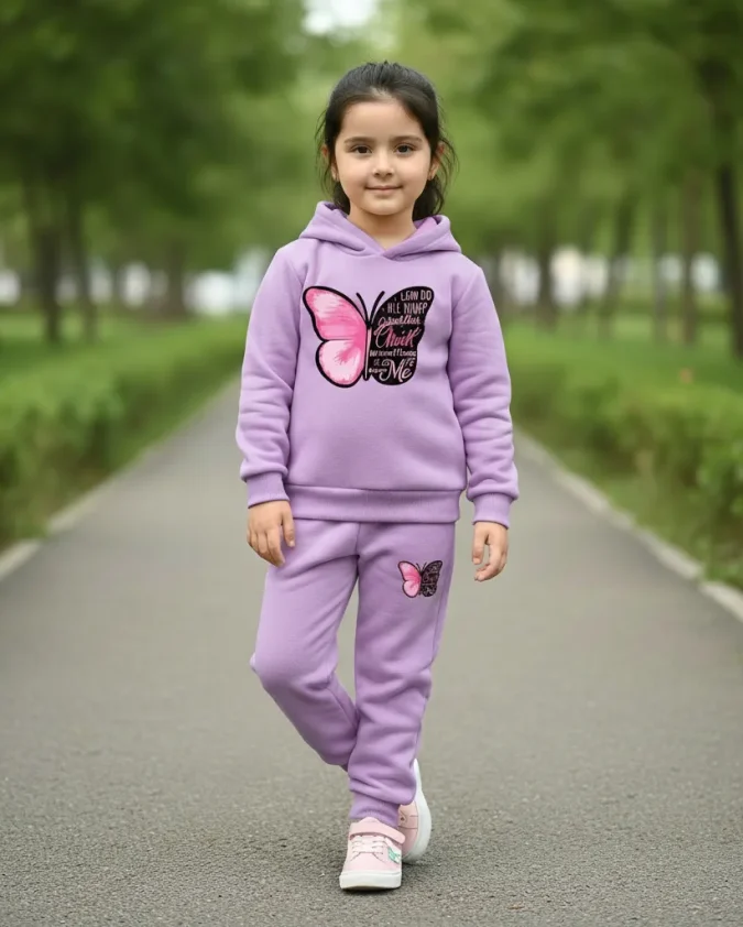 butterfly print lavender kids winter hoodie set with matching pant