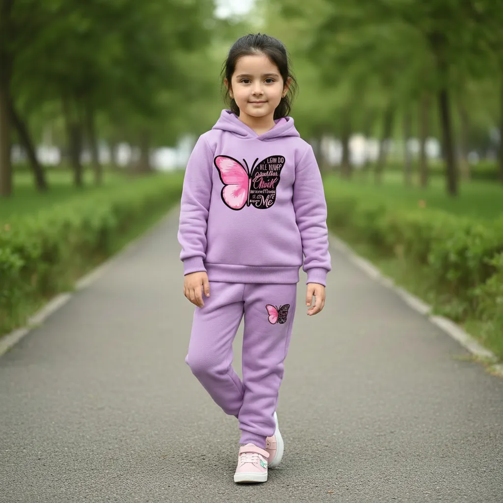 butterfly print lavender kids winter hoodie set with matching pant