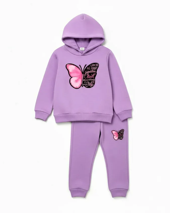 butterfly print lavender kids winter hoodie set with matching pant