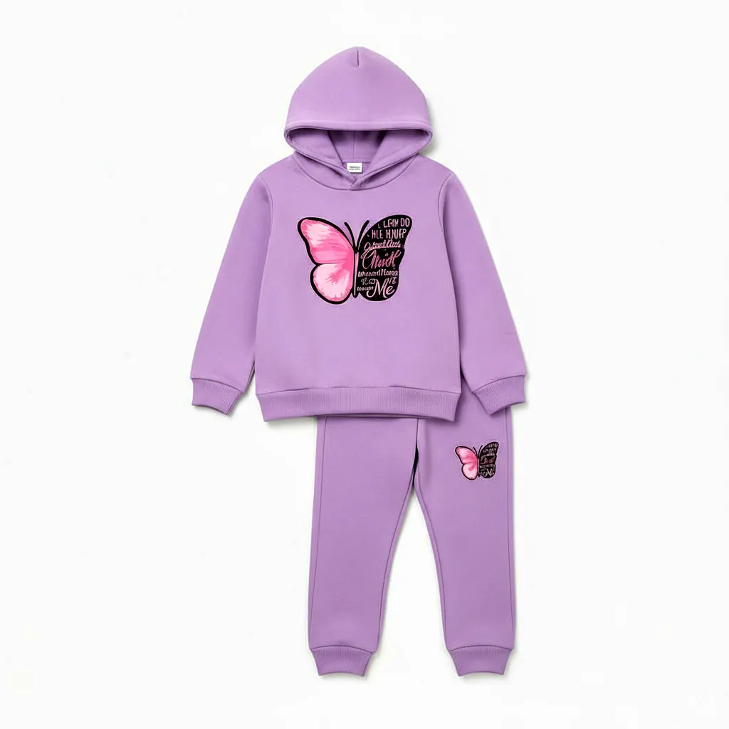 butterfly print lavender kids winter hoodie set with matching pant