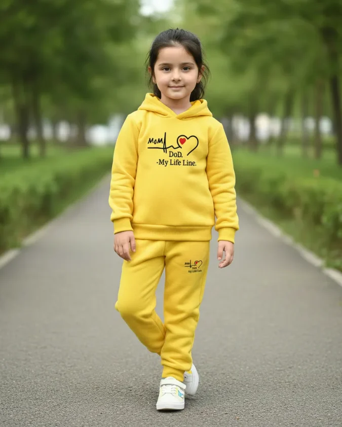 mom dad my life line yellow kids winter hoodie set with matching pant
