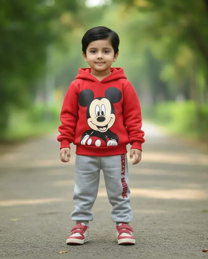 red grey mickey mouse kids winter hoodie jogger set for boys