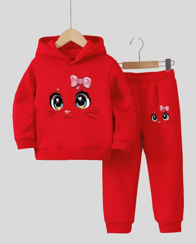 Cute cat face red kids winter hoodie set with jogger