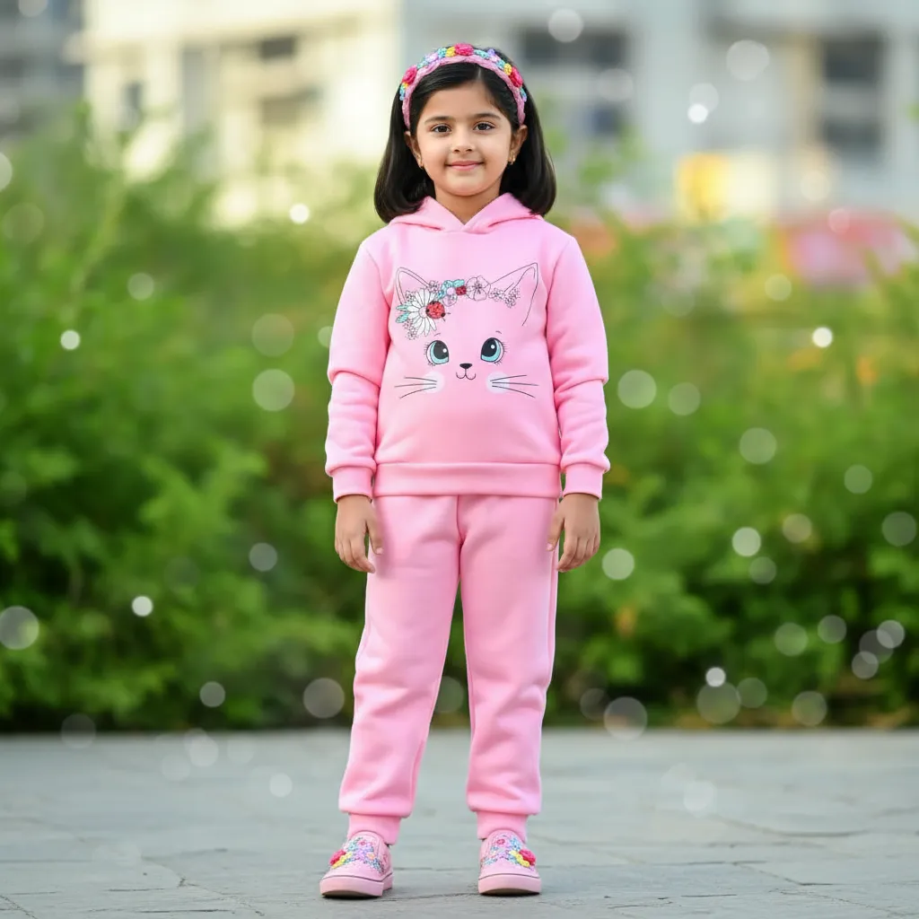 Floral cat face pink kids winter hoodie set with jogger