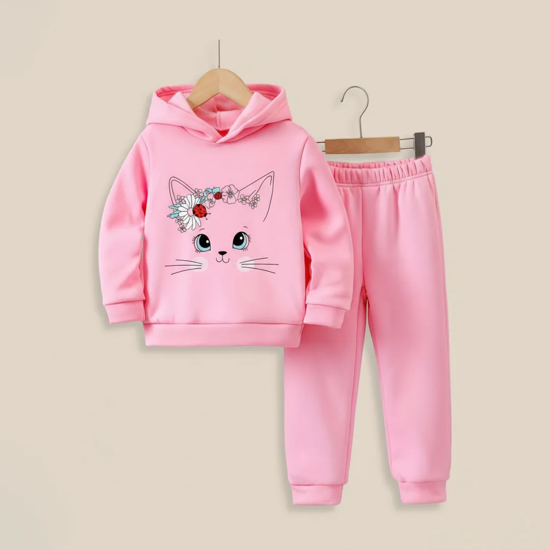 Floral cat face pink kids winter hoodie set with jogger