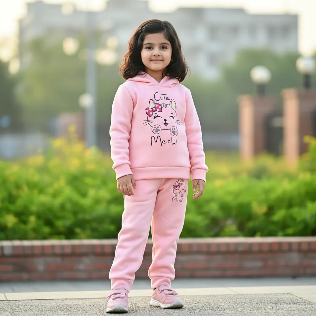 Baby girl wearing Cute Meow pink kids winter hoodie set