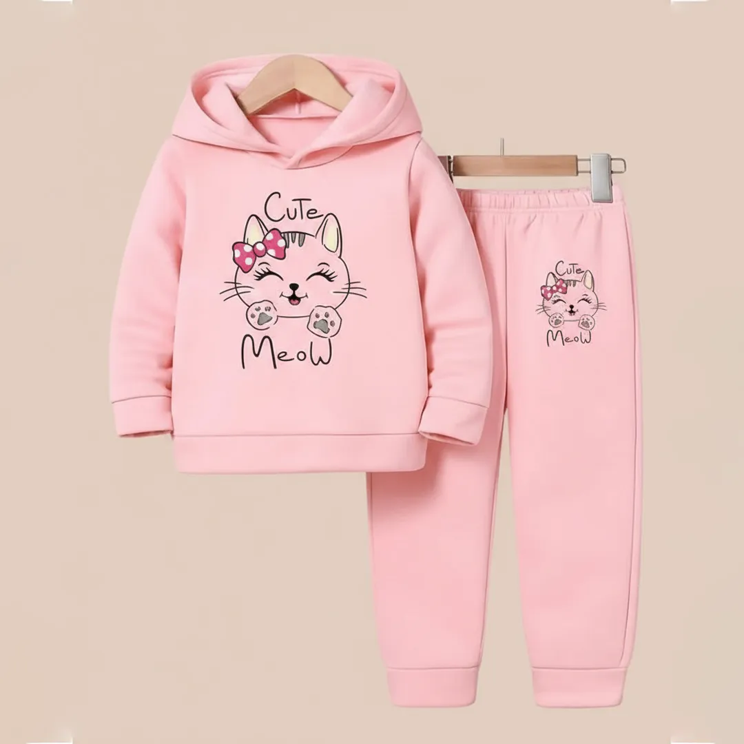 Baby girl wearing Cute Meow pink kids winter hoodie set