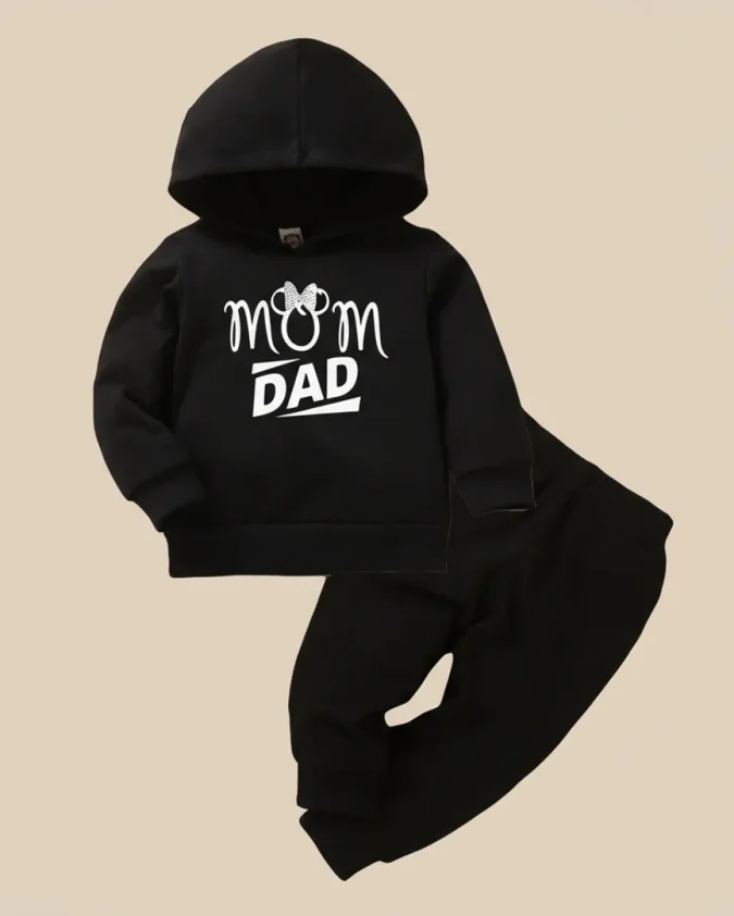 Mom Dad black kids winter hoodie set with jogger