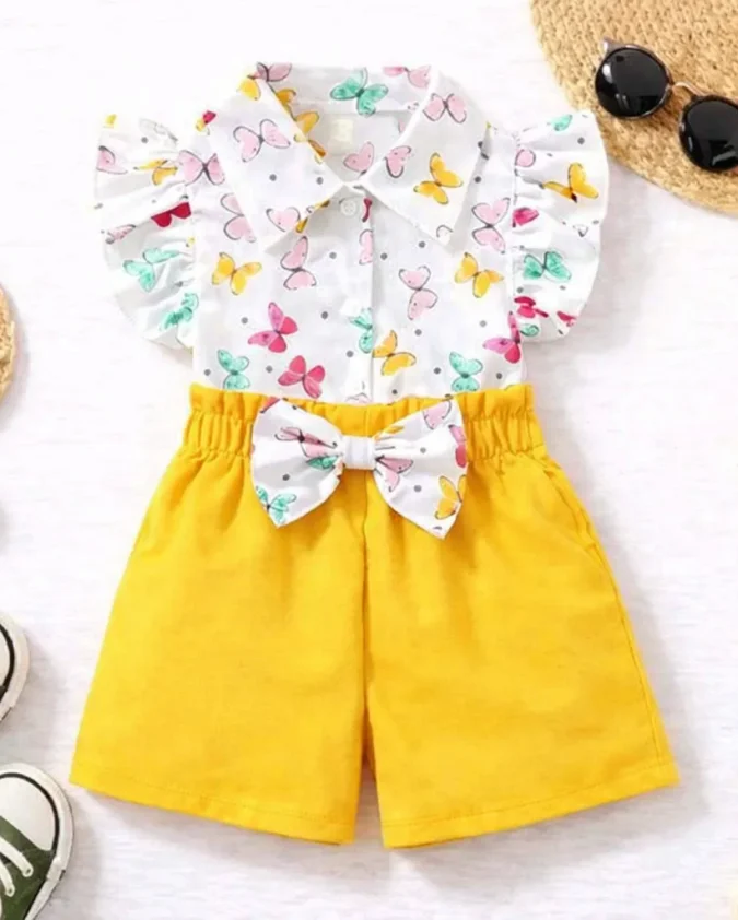 girls butterfly print top yellow shorts set
